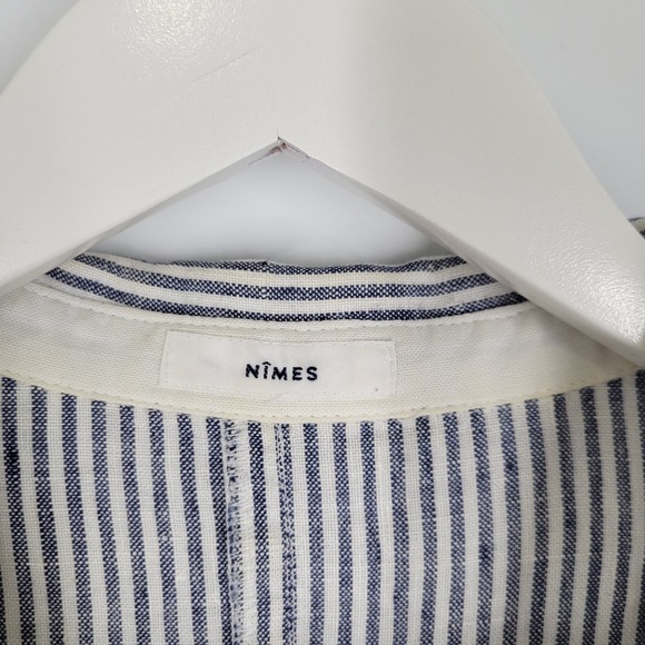NIMES 100% Linen Shirt Dress Sz Medium Blue White Stripe Nautical Cottage - Picture 7 of 8